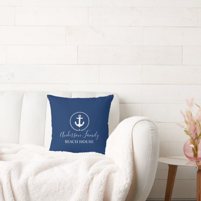 Beach House Nautical Anchor Rope Star Navy Blue Throw Pillow (Couch)