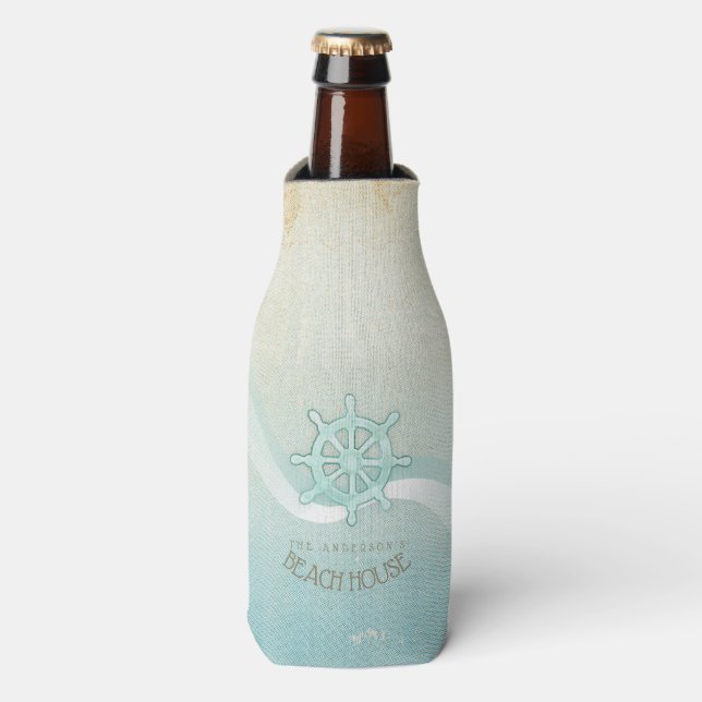 Beach House Nautical Boat Helm Aqua Blue ID623 Bottle Cooler (Bottle Front)