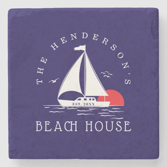 Beach House Nautical boat Sunset navy blue Stone Coaster (Front)