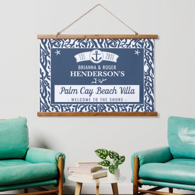 Beach House Nautical Coral Pattern Personalized Hanging Tapestry (Living Room)