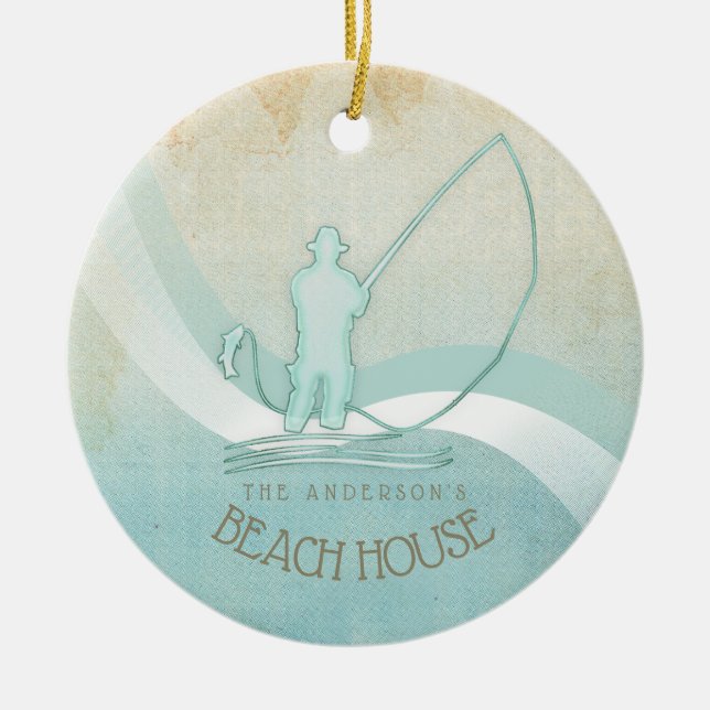 Beach House Nautical Fisherman Aqua Blue ID623 Ceramic Ornament (Front)