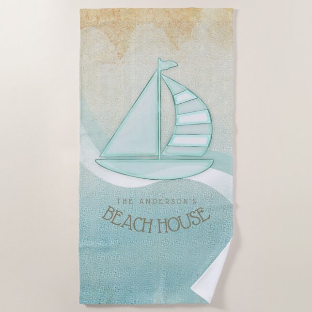 Beach House Nautical Sailboat Aqua Blue ID623 Beach Towel (Front)