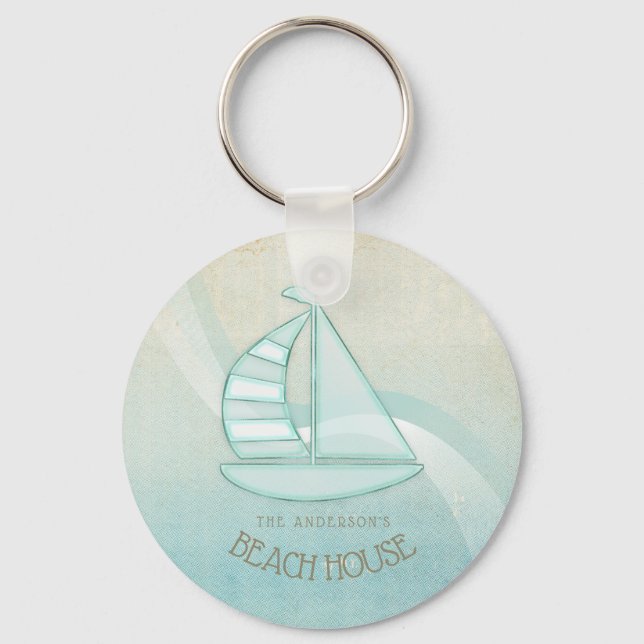 Beach House Nautical Sailboat Aqua Blue ID623 Keychain (Front)