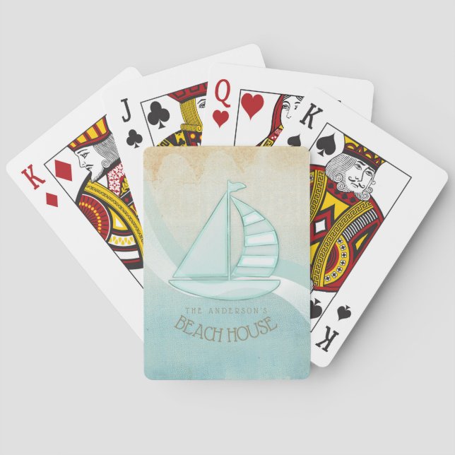 Beach House Nautical Sailboat Aqua Blue ID623 Playing Cards (Back)