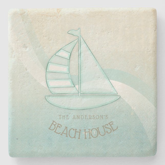 Beach House Nautical Sailboat Aqua Blue ID623 Stone Coaster (Front)