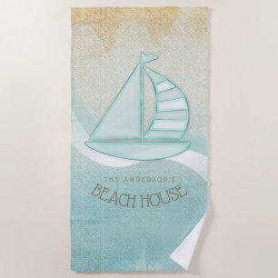 Beach House Nautical Sailboat Aqua Blue ID623 Towel