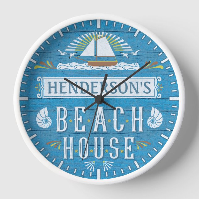 Beach House Nautical Sailboat Shells Custom Name Clock (Front)