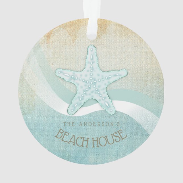 Beach House Nautical Starfish Aqua Blue ID623 Ornament (Back)