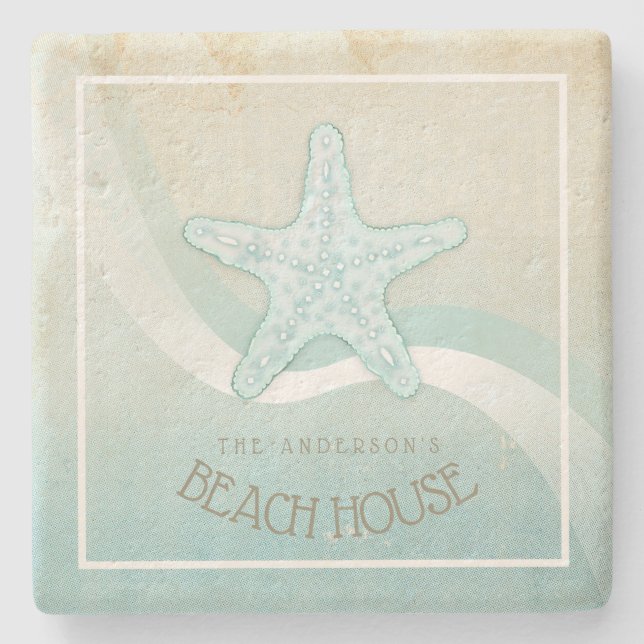 Beach House Nautical Starfish Aqua Blue ID623 Stone Coaster (Front)