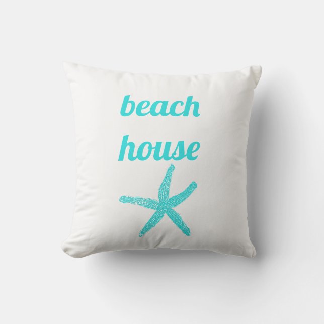 Beach House Nautical Teal Blue White Starfish Cute Outdoor Pillow (Front)