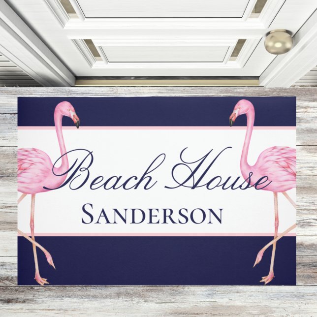 Beach House Navy Blue and Pink Flamingos Doormat (Creator Uploaded)