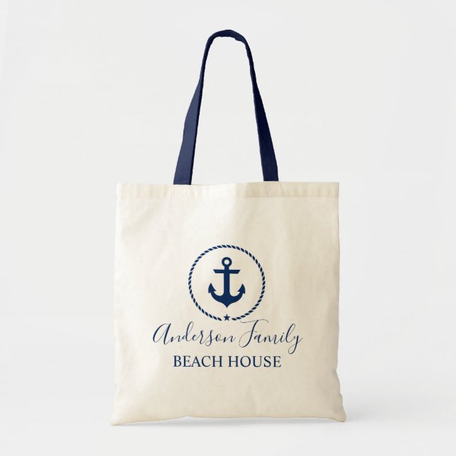 Beach House Navy Blue Nautical Anchor Rope Star Tote Bag (Front)