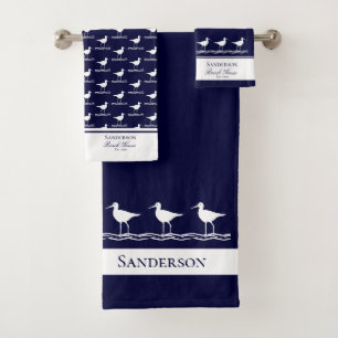 Beach house navy blue Sandpipers Bath Towel Set