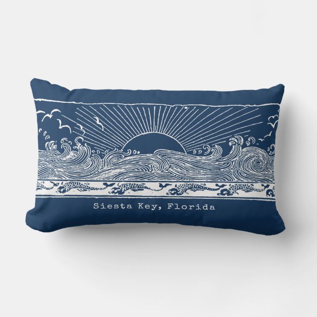 Beach House Navy Blue White Coastal Lumbar Pillow (Front)