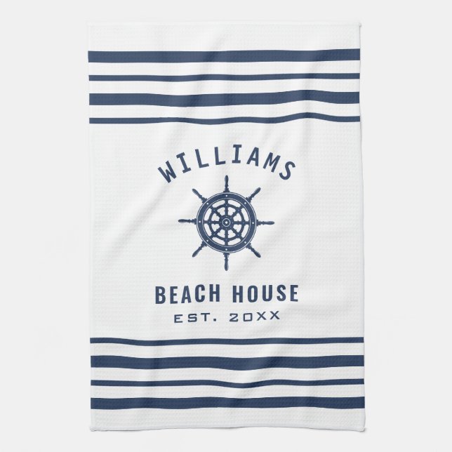 Beach House Navy Blue White Nautical Family Name Kitchen Towel (Vertical)