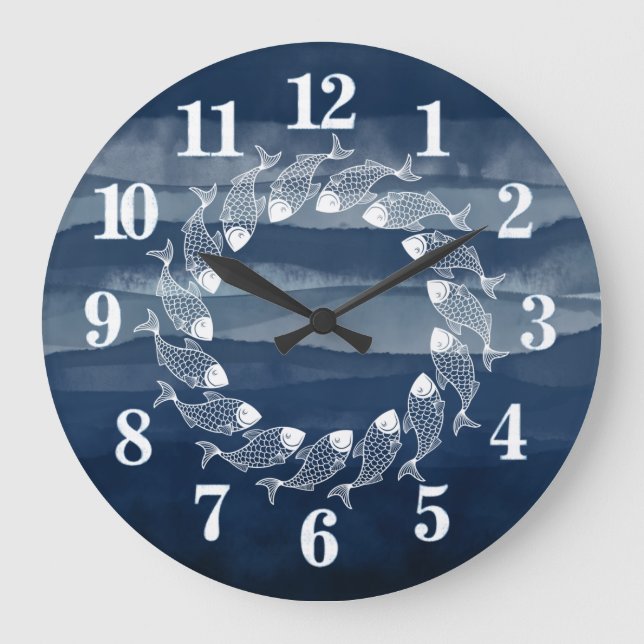 Beach House Navy Poisson bleu Océan Grosse horloge (Recto)