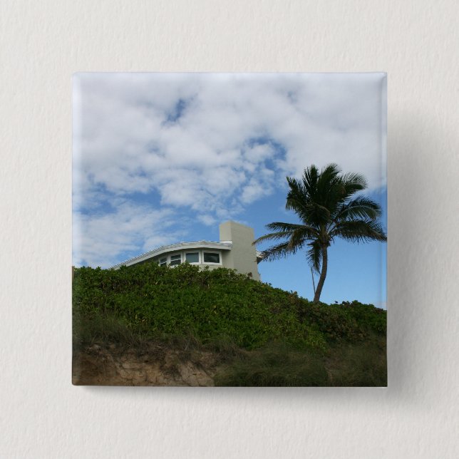 Beach House on Hill with sky and palm tree 2 Inch Square Button (Front)