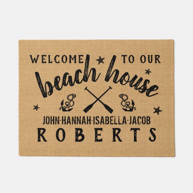 Beach House Paddles Anchors Custom Rustic Burlap Doormat (Front)