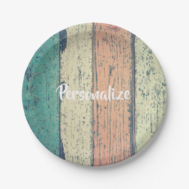 Beach house painted wood oceanside striped paper plate (Front)