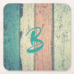 Beach house painted wood oceanside striped square paper coaster
