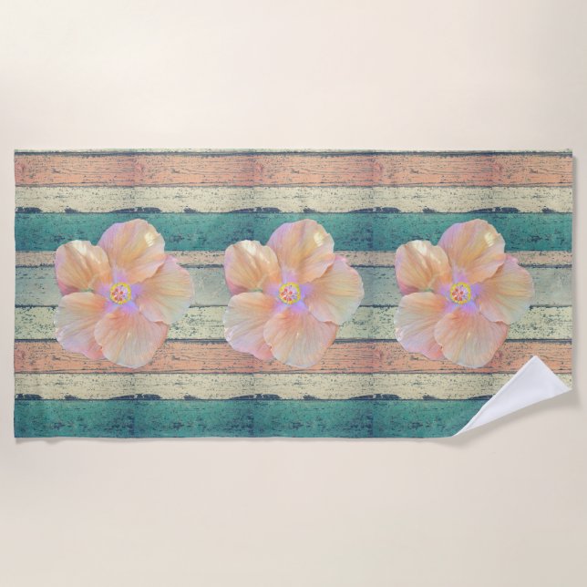 Beach house painted wood striped hibiscus beach towel (Front)