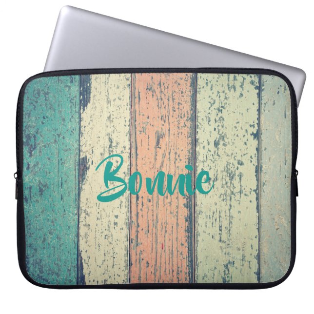 Beach house painted wood striped teal peach sand  laptop sleeve (Front)