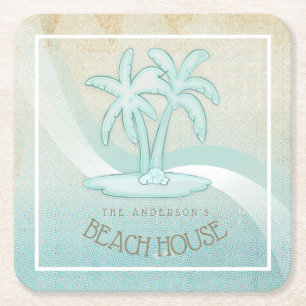 Beach House Palm Trees Aqua ID623 Square Paper Coaster
