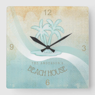 Beach House Palm Trees Aqua ID623 Square Wall Clock