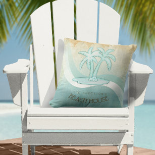 Beach House Palm Trees Aqua ID623 Throw Pillow