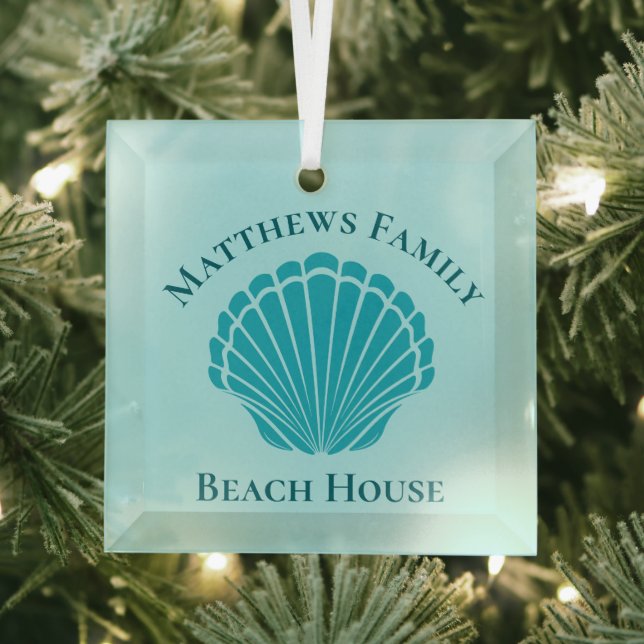 Beach House Personalized Keepsake Blue Seashell Glass Ornament (Insitu)