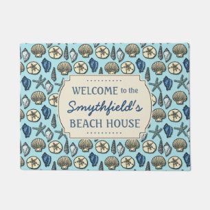 Beach House Personalized Sea Shells Blue Nautical Doormat