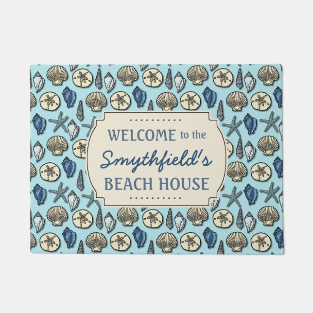 Beach House Personalized Sea Shells Blue Nautical Doormat (Front)