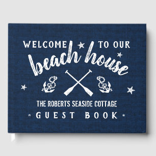 Beach House Personalized Vacation Rental Navy Blue Guest Book