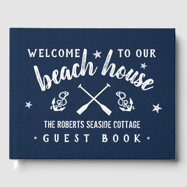Beach House Personalized Vacation Rental Navy Blue Guest Book (Front)