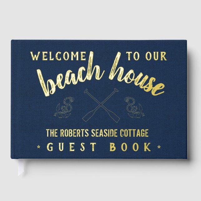 Beach House Personalized Vacation Rental Navy Gold Guest Book (Front)