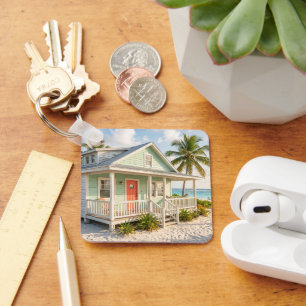 Beach House Photo Neutral Grid Custom Black White Keychain