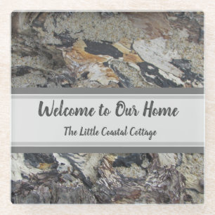 Beach House Rental Grey Brown Driftwood Welcome Glass Coaster