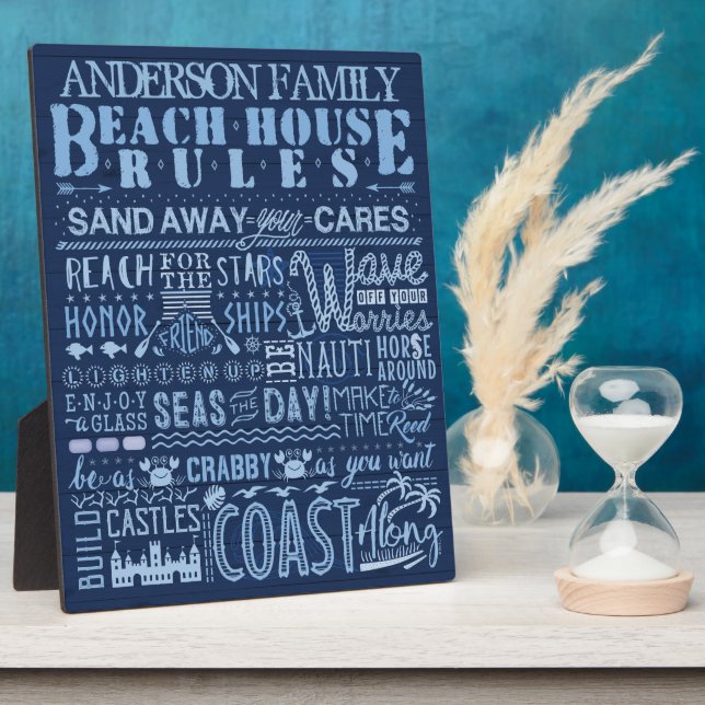 Beach House Rules Coastal Blue Custom Family Name Plaque (Side)