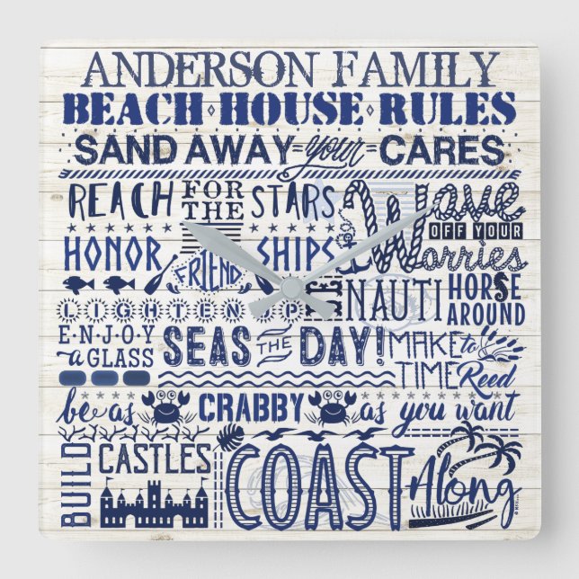 Beach House Rules Custom Family Name Blue Coastal Square Wall Clock (Front)