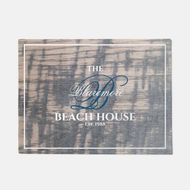Beach House Rustic Wood Effect Blue Initial Script Doormat (Front)