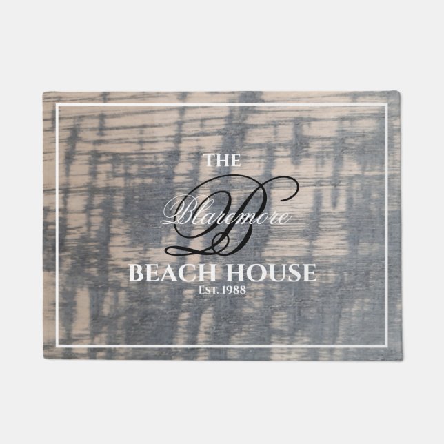 Beach House Rustic Wood Effect White Name Script Doormat (Front)