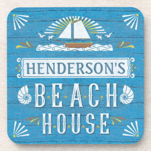 Beach House Sailboat Nautical Shells Personalized Coaster