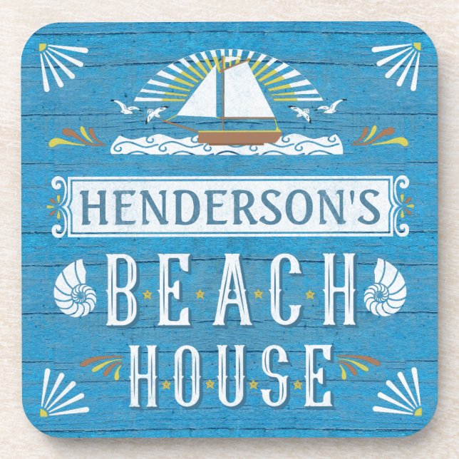 Beach House Sailboat Nautical Shells Personalized Coaster (Front)
