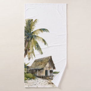 Beach House Scene Watercolor Design Bath Towel Set