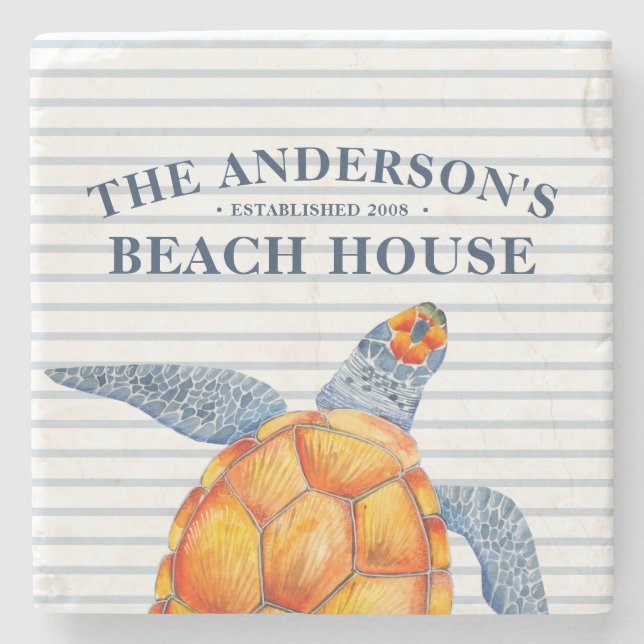 Beach House Sea Turtle Family Name Stone Coaster (Front)