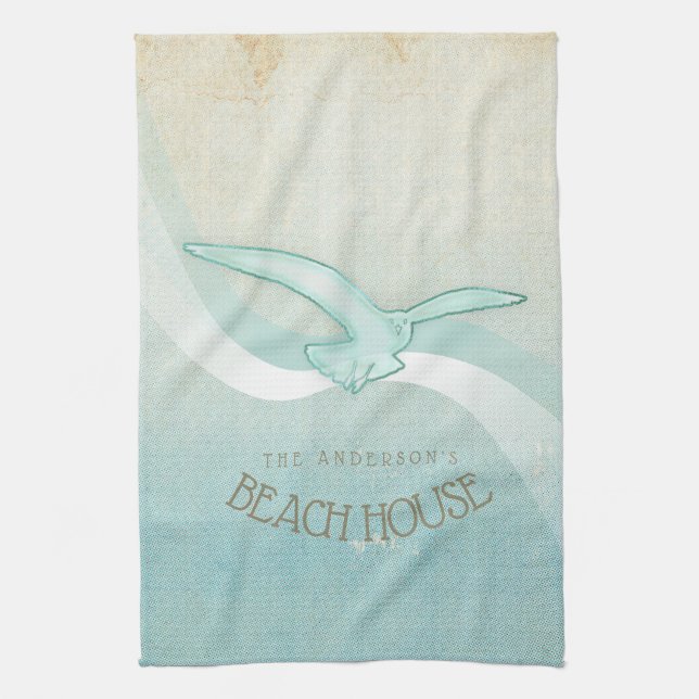 Beach House Seagull Aqua Blue ID623 Kitchen Towel (Vertical)