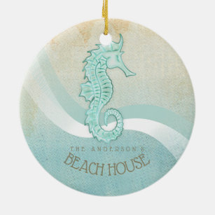 Beach House Seahorse Aqua Blue ID623 Ceramic Ornament