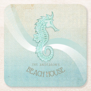 Beach House Seahorse Aqua Blue ID623 Square Paper Coaster