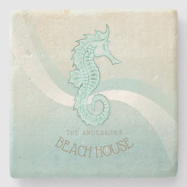 Beach House Seahorse Aqua Blue ID623 Stone Coaster (Front)