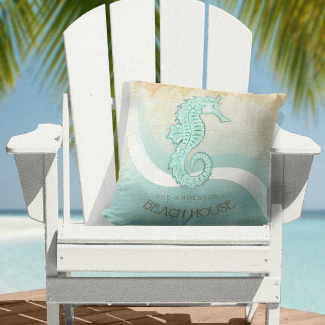 Beach House Seahorse Aqua Blue ID623 Throw Pillow (Creator Uploaded)